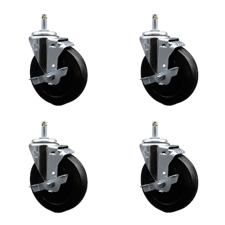 Service Caster 5'' Soft Rubber Wheel Swivel 7/16'' Grip Ring Stem Caster Set with Brake, 4PK SCC-GR20S514-SRS-TLB-716138-4